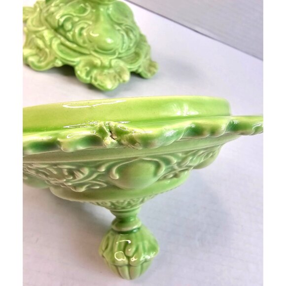 Ornate Vtg Green Ceramic Hand Crafted Pedestal Victorian Candy Jar Farmhouse - Picture 10 of 13